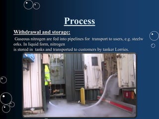 Process
Withdrawal and storage:
Gaseous nitrogen are fed into pipelines for transport to users, e.g. steelw
orks. In liquid form, nitrogen
is stored in tanks and transported to customers by tanker Lorries.
 