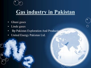Gas industry in Pakistan
• Ghani gases
• Linde gases
• Bp Pakistan Exploration And Production Inc
• United Energy Pakistan Ltd.
 
