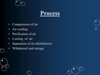 Process
• Compression of air
• Air cooling
• Purification of air
• Cooling of air
• Separation of air (distillation)
• Withdrawal and storage
 