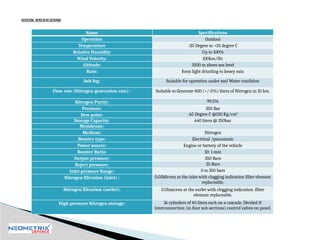 SYSTEM SPECIFICATIONS
Name Specifications
Operation Outdoor
Temperature -20 Degree to +55 degree C
Relative Humidity Up to 100%
Wind Velocity: 100km/Hr.
Altitude: 3500 m above sea level
Rain: form light drizzling to heavy rain
Salt fog: Suitable for operation under seal Water condition
Flow rate (Nitrogen generation rate) : Suitable to Generate 400 (+/-5%) liters of Nitrogen in 10 hrs.
Nitrogen Purity: 99.5%
Pressure: 350 Bar
Dew point: -65 Degree C @150 Kg/cm2
Storage Capacity: 640 liters @ 350bar
Membrane:
Medium: Nitrogen
Booster type: Electrical /pneumatic
Power source: Engine or battery of the vehicle
Booster Ratio: 10: 1 min
Output pressure: 350 Bars
Reject pressure: 35 Bars
Inlet pressure Range: 0 to 350 bars
Nitrogen filtration (inlet) : 0.01Micron at the inlet with clogging indication filter element
replaceable.
Nitrogen filtration (outlet): 0.01micron at the outlet with clogging indication .filter
element replaceable.
High pressure Nitrogen storage: 16 cylinders of 40 liters each on a cascade. Divided &
interconnection (in four sub sections) control valves on panel.
 