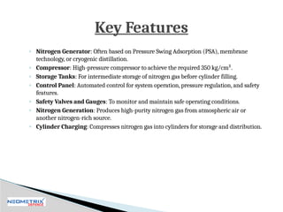 ◦ Nitrogen Generator: Often based on Pressure Swing Adsorption (PSA), membrane
technology, or cryogenic distillation.
◦ Compressor: High-pressure compressor to achieve the required 350 kg/cm².
◦ Storage Tanks: For intermediate storage of nitrogen gas before cylinder filling.
◦ Control Panel: Automated control for system operation, pressure regulation, and safety
features.
◦ Safety Valves and Gauges: To monitor and maintain safe operating conditions.
◦ Nitrogen Generation: Produces high-purity nitrogen gas from atmospheric air or
another nitrogen-rich source.
◦ Cylinder Charging: Compresses nitrogen gas into cylinders for storage and distribution.
Key Features
 
