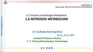 skhot1976@gmail.com Nitrogen Metabolismskhot1976@gmail.com
U.1 Enzymes and Nitrogen Metabolism
1.b NITROGEN METABOLISM
Dr. Sudhakar Sambhaji Khot
M.Sc., Ph.D., SET
Assistant Professor in Botany
Y. C. Warana Mahavidyalaya, Warananagar
SEMESTER- IV
Botany Paper VIII: DSC D14: PLANT METABOLISM
 