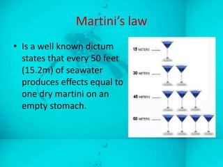 Martini’s law
• Is a well known dictum
  states that every 50 feet
  (15.2m) of seawater
  produces effects equal to
  one dry martini on an
  empty stomach.
 