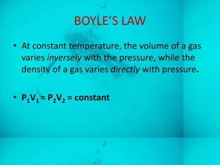 BOYLE’S LAW
• At constant temperature, the volume of a gas
  varies inversely with the pressure, while the
  density of a gas varies directly with pressure.

• P1V1 = P2V2 = constant
 