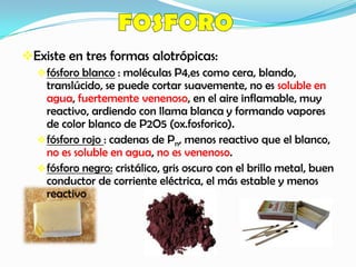 Existe en tres formas alotrópicas:
fósforo blanco : moléculas P4,es como cera, blando,
translúcido, se puede cortar suavemente, no es soluble en
agua, fuertemente venenoso, en el aire inflamable, muy
reactivo, ardiendo con llama blanca y formando vapores
de color blanco de P2O5 (ox.fosforico).
fósforo rojo : cadenas de Pn, menos reactivo que el blanco,
no es soluble en agua, no es venenoso.
fósforo negro: cristálico, gris oscuro con el brillo metal, buen
conductor de corriente eléctrica, el más estable y menos
reactivo
 