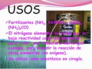USOS
Fertilizantes (NH3, NH4NO3, CaCN2,
(NH2)2CO)
El nitrógeno elemental se utiliza por su
baja reactividad como gas protector,
para crear una atmósfera inerte (por
ejemplo, para impedir la reacción de
otros elementos con oxígeno).
Se utiliza como anestésico en cirugía.
 
