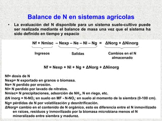 Balance de N en sistemas agrícolas La evaluación del N disponible para un sistema suelo-cultivo puede ser realizada mediante el balance de masa una vez que el sistema ha sido definido en tiempo y espacio Nf + Nmisc  – Nexp – Ne – Nl – Ng  =   ΔNorg + ΔNinorg Nf = Nexp + Nl + Ng + ΔNorg + ΔNinorg  Nf= dosis de N Nexp= N exportado en granos o biomasa. Ne= N perdido por erosión. Nl= N perdido por lavado de nitratos. Nmisc= N precipitaciones, adsorción de NH 3 , N en riego, etc. ΔN inorg = N-NO 3 -  en suelo en MF - N-NO 3 -   en suelo al momento de la siembra (0-100 cm). Ng= pérdidas de N por volatilización y desnitrificación. ΔNorg= cambio en el contenido de N orgánico, esto es diferencia entre el N inmovilizado en raíces, residuos y inmovilizado por la biomasa microbiana menos el N mineralizado entre siembra y madurez. Ingresos Salidas Cambios en el N almacenado 