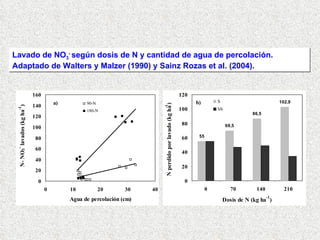 Lavado de NO 3 -  según dosis de N y cantidad de agua de percolación. Adaptado de Walters y Malzer (1990) y Sainz Rozas et al. (2004). 