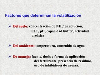 Factores que determinan la volatilización  Del suelo:  concentración de NH 4 +  en solución,  CIC, pH, capacidad buffer, actividad ureásica   Del ambiente:  temperatura, contenido de agua   De manejo:  fuente, dosis y forma de aplicación   del fertilizante, presencia de residuos, uso de inhibidores de ureasa.   