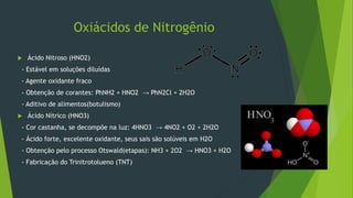 Oxiácidos de Nitrogênio
 Ácido Nitroso (HNO2)
- Estável em soluções diluídas
- Agente oxidante fraco
- Obtenção de corantes: PhNH2 + HNO2 → PhN2Cl + 2H2O
- Aditivo de alimentos(botulismo)
 Ácido Nítrico (HNO3)
- Cor castanha, se decompõe na luz: 4HNO3 → 4NO2 + O2 + 2H2O
- Ácido forte, excelente oxidante, seus sais são solúveis em H2O
- Obtenção pelo processo Otswald(etapas): NH3 + 2O2 → HNO3 + H2O
- Fabricação do Trinitrotolueno (TNT)
 