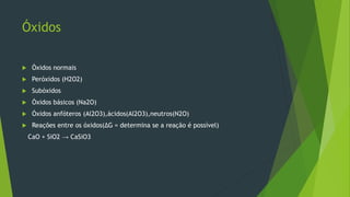 Óxidos
 Óxidos normais
 Peróxidos (H2O2)
 Subóxidos
 Óxidos básicos (Na2O)
 Óxidos anfóteros (Al2O3),ácidos(Al2O3),neutros(N2O)
 Reações entre os óxidos(ΔG = determina se a reação é possível)
CaO + SiO2 → CaSiO3
 