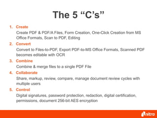 The 5 “C’s”
1. Create
Create PDF & PDF/A Files, Form Creation, One-Click Creation from MS
Office Formats, Scan to PDF, Editing
2. Convert
Convert to Files-to-PDF, Export PDF-to-MS Office Formats, Scanned PDF
becomes editable with OCR
3. Combine
Combine & merge files to a single PDF File
4. Collaborate
Share, markup, review, compare, manage document review cycles with
multiple users
5. Control
Digital signatures, password protection, redaction, digital certification,
permissions, document 256-bit AES encryption

 