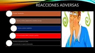 REACCIONES ADVERSAS
Principal : hipotensión
Nauseas, vómitos, palpitaciones, ansiedad y sincope.
mareos y acidosis metabólica.
IR: causa nauseas, delirio, confusión y psicosis.
Aumenta la hipoxemia en EPOC.
Contraindicado en mujeres embarazadas.
 