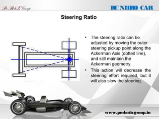 • The steering ratio can be
adjusted by moving the outer
steering pickup point along the
Ackerman Axis (dotted line),
and still maintain the
Ackerman geometry.
• This action will decrease the
steering effort required, but it
will also slow the steering.
Steering Ratio
www.probotizgroup.in
PProroBBotiotiZZ GroupGroup RC NITRO CAR
 