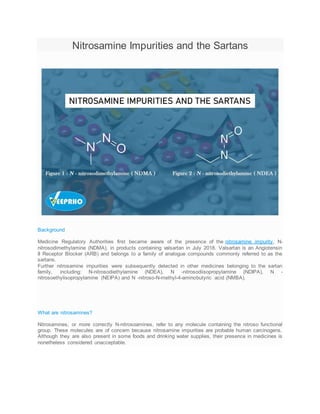 Nitrosamine Impurities and the Sartans
Background
Medicine Regulatory Authorities first became aware of the presence of the nitrosamine impurity, N-
nitrosodimethylamine (NDMA), in products containing valsartan in July 2018. Valsartan is an Angiotensin
II Receptor Blocker (ARB) and belongs to a family of analogue compounds commonly referred to as the
sartans.
Further nitrosamine impurities were subsequently detected in other medicines belonging to the sartan
family, including: N-nitrosodiethylamine (NDEA), N -nitrosodiisopropylamine (NDIPA), N -
nitrosoethylisopropylamine (NEIPA) and N -nitroso-N-methyl-4-aminobutyric acid (NMBA).
What are nitrosamines?
Nitrosamines, or more correctly N-nitrosoamines, refer to any molecule containing the nitroso functional
group. These molecules are of concern because nitrosamine impurities are probable human carcinogens.
Although they are also present in some foods and drinking water supplies, their presence in medicines is
nonetheless considered unacceptable.
 
