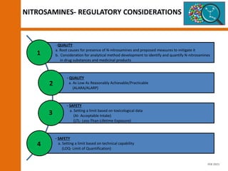 NITROSAMINES- REGULATORY CONSIDERATIONS
- QUALITY
a. Root causes for presence of N-nitrosamines and proposed measures to mitigate it
b. Consideration for analytical method development to identify and quantify N-nitrosamines
in drug substances and medicinal products
- QUALITY
a. As Low As Reasonably Achievable/Practicable
(ALARA/ALARP)
- SAFETY
a. Setting a limit based on toxicological data
(AI- Acceptable Intake)
(LTL- Less-Than-Lifetime Exposure)
- SAFETY
a. Setting a limit based on technical capability
(LOQ- Limit of Quantification)
1
2
3
4
FEB 2021
 
