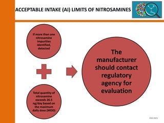 ACCEPTABLE INTAKE (AI) LIMITS OF NITROSAMINES
If more than one
nitrosamine
impurities
identified,
detected
Total quantity of
nitrosamine
exceeds 26.5
ng/day based on
the maximum
daily dose (MDD)
The
manufacturer
should contact
regulatory
agency for
evaluation
FEB 2021
 