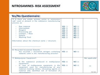 NITROSAMINES- RISK ASSESSMENT
Yes/No Questionnaire:
5) Is there any amide, primary amine or ammonium
salt1
used or present in the substance manufacturing
process as:
- Raw material
- Intermediate
- Reagent
- Processing aid
- Catalyst / Base
- Solvent
- Washing Fluid
Information about the chemical name / structure:
……………………………………………………
YES ☐
YES ☐
YES ☐
YES ☐
YES ☐
YES ☐
YES ☐
NO ☐
NO ☐
NO ☐
NO ☐
NO ☐
NO ☐
NO ☐
6) Recycled/recovered Solvents:
- Are recycled / recovered nitrogen containing
solvents used in the manufacturing process?
YES ☐ NO ☐
7) Multipurpose Equipment6
:
- Is the substance produced in multipurpose
equipment?
- In case of multipurpose equipment, is the
equipment used for manufacturing of any
material involving nitrites, nitrosating agents or
material with identified risk of formation of
nitrosamines?
YES ☐
YES ☐
NO ☐
NO ☐
Not applicable
☐
FEB 2021
 