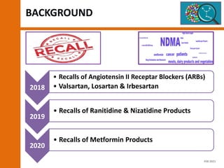 2018
• Recalls of Angiotensin II Receptar Blockers (ARBs)
• Valsartan, Losartan & Irbesartan
2019
• Recalls of Ranitidine & Nizatidine Products
2020
• Recalls of Metformin Products
BACKGROUND
FEB 2021
 