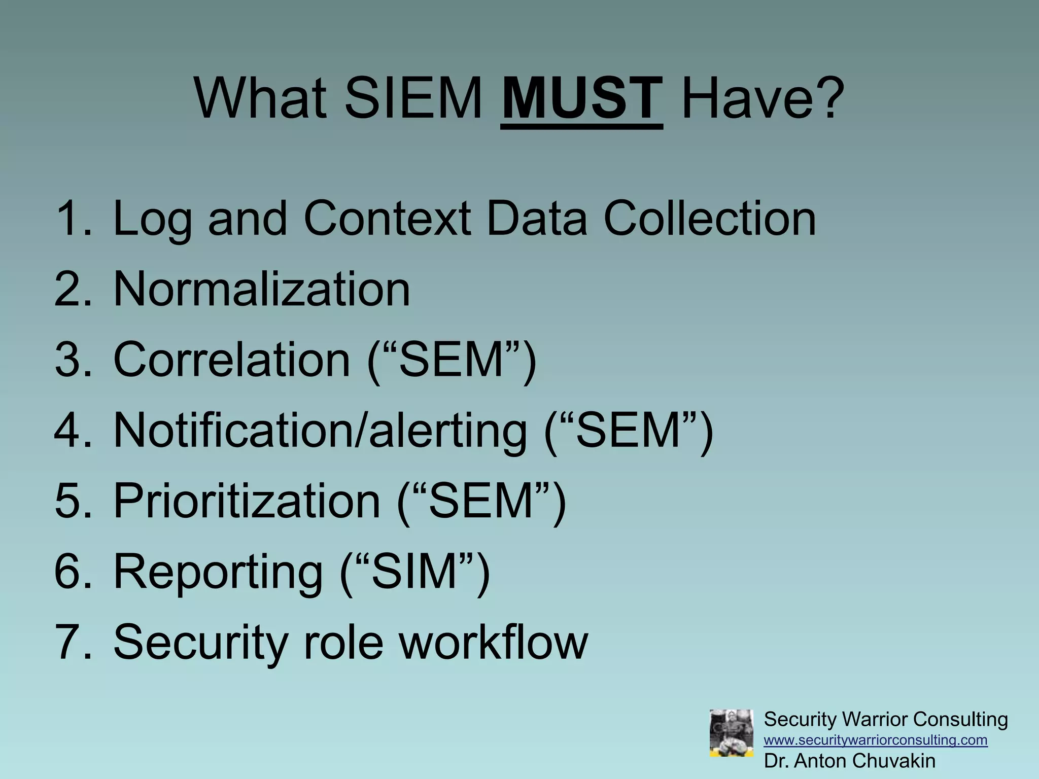 What SIEM MUST Have?Log and Context Data CollectionNormalizationCorrelation (“SEM”)Notification/alerting (“SEM”)Prioritization (“SEM”)Reporting (“SIM”)Security role workflow