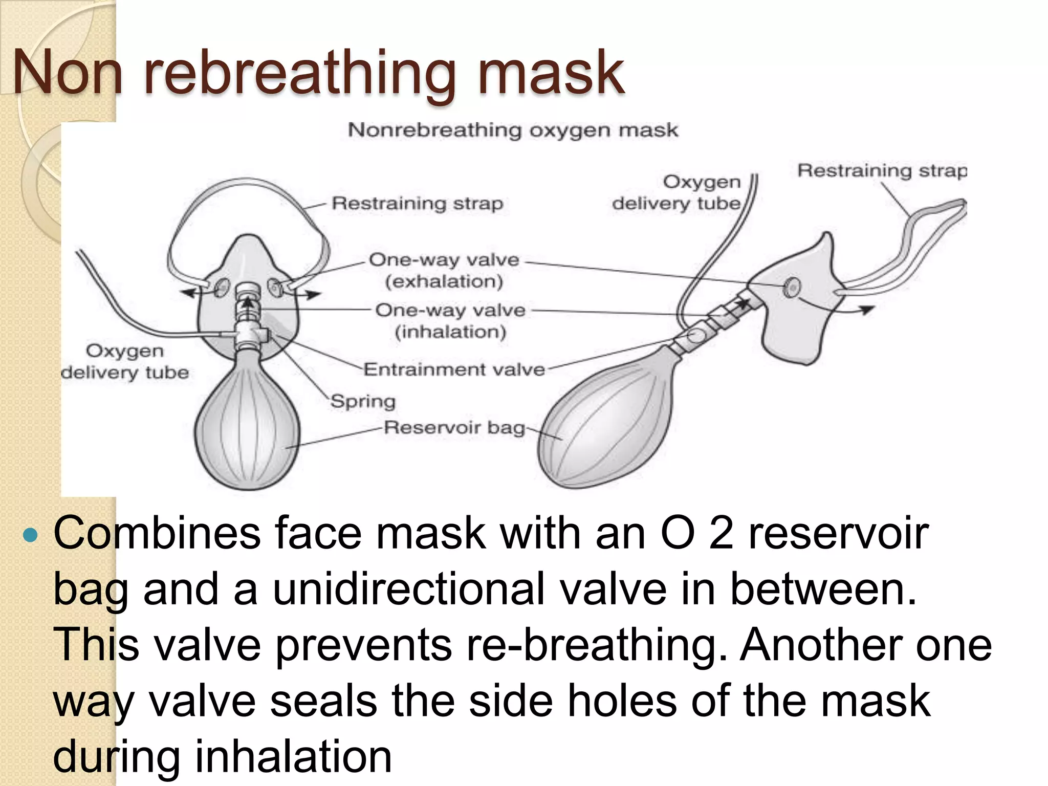 Non rebreathing mask
 Combines face mask with an O 2 reservoir
bag and a unidirectional valve in between.
This valve prevents re-breathing. Another one
way valve seals the side holes of the mask
during inhalation
 