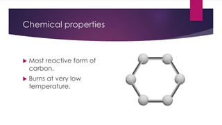 Chemical properties 
 Most reactive form of 
carbon. 
 Burns at very low 
temperature. 
 