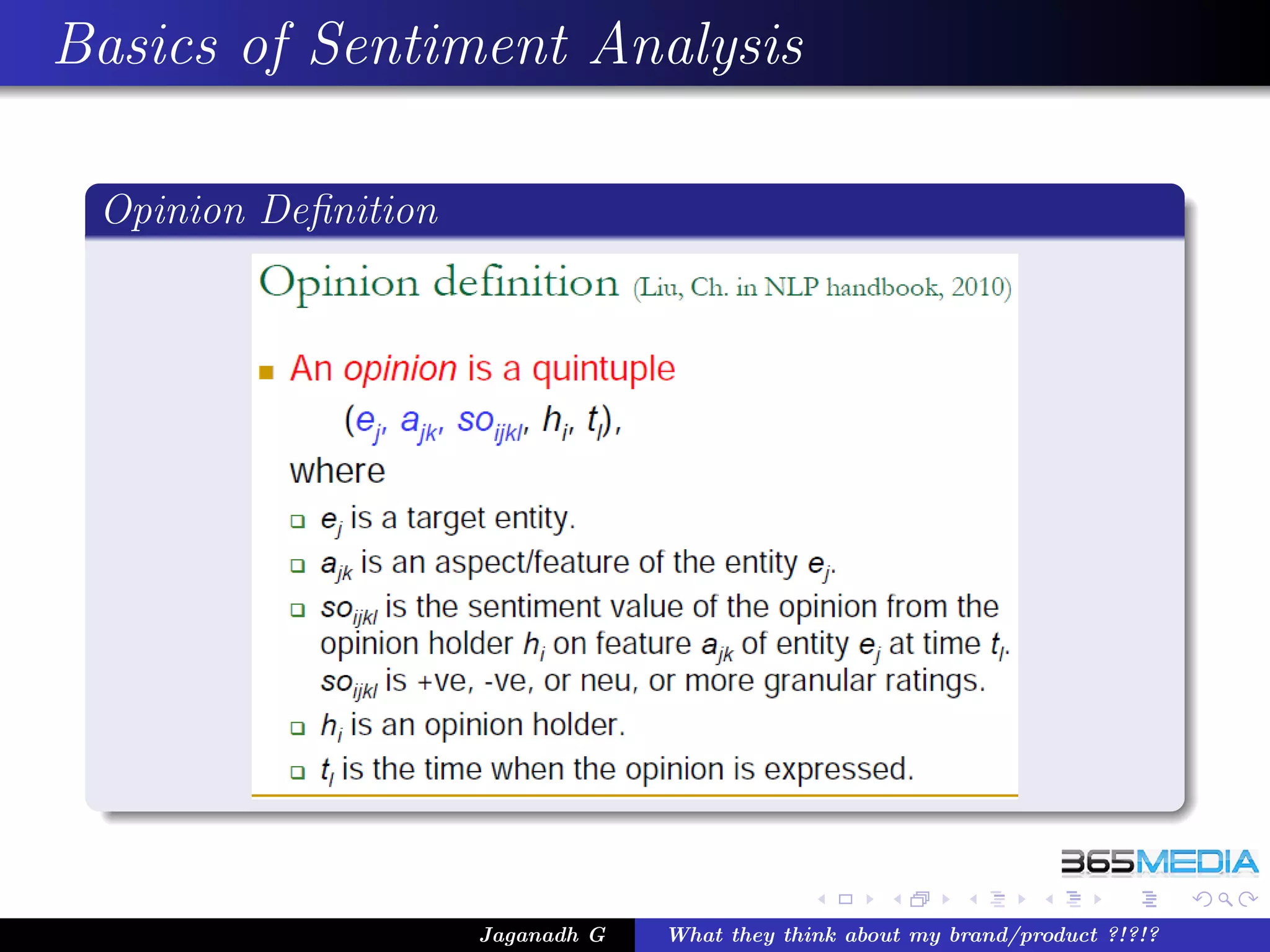 Basics of Sentiment Analysis

 Opinion Deﬁnition




                     Jaganadh G   What they think about my brand/product ?!?!?
 
