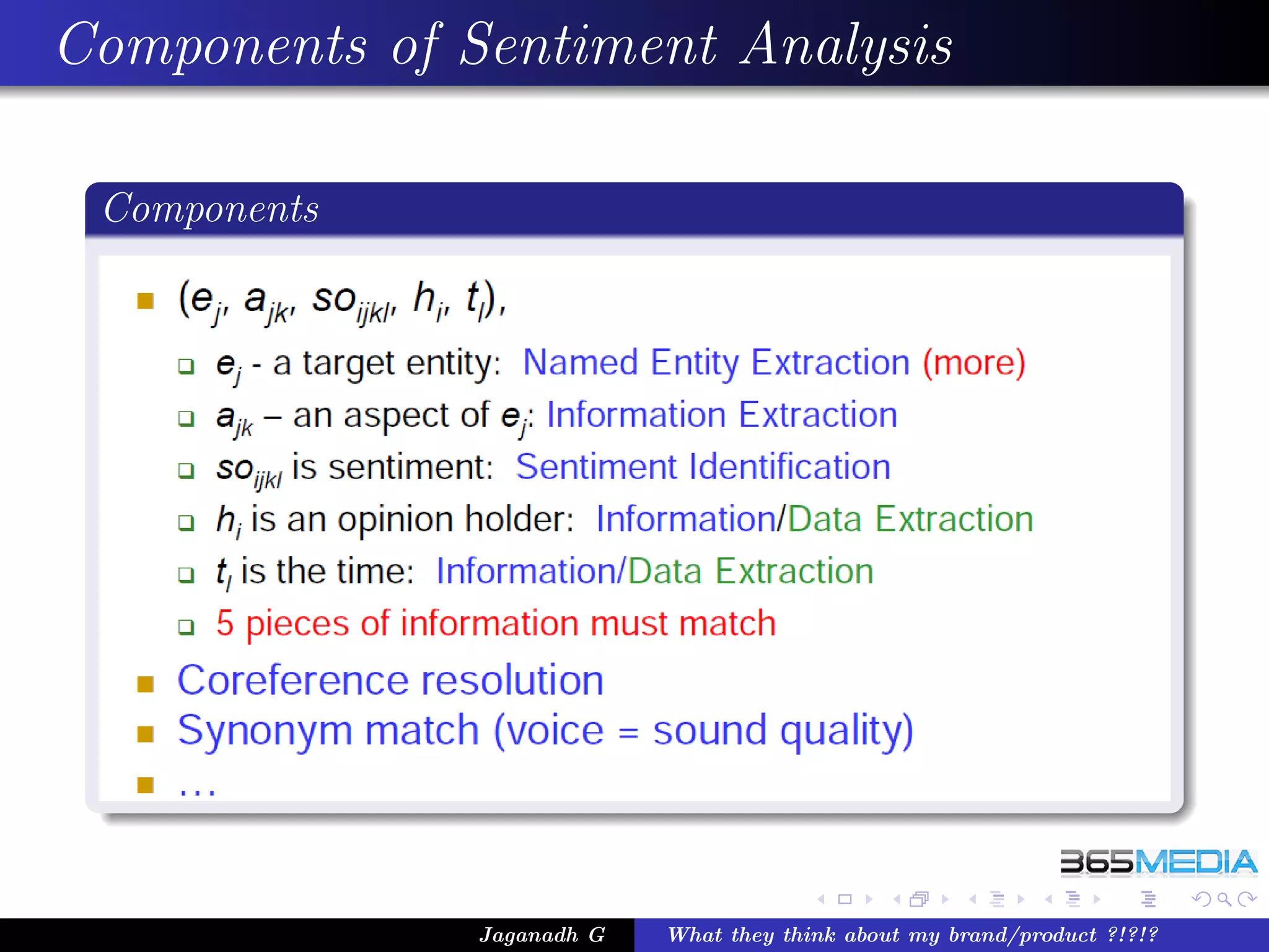 Components of Sentiment Analysis

 Components




               Jaganadh G   What they think about my brand/product ?!?!?
 