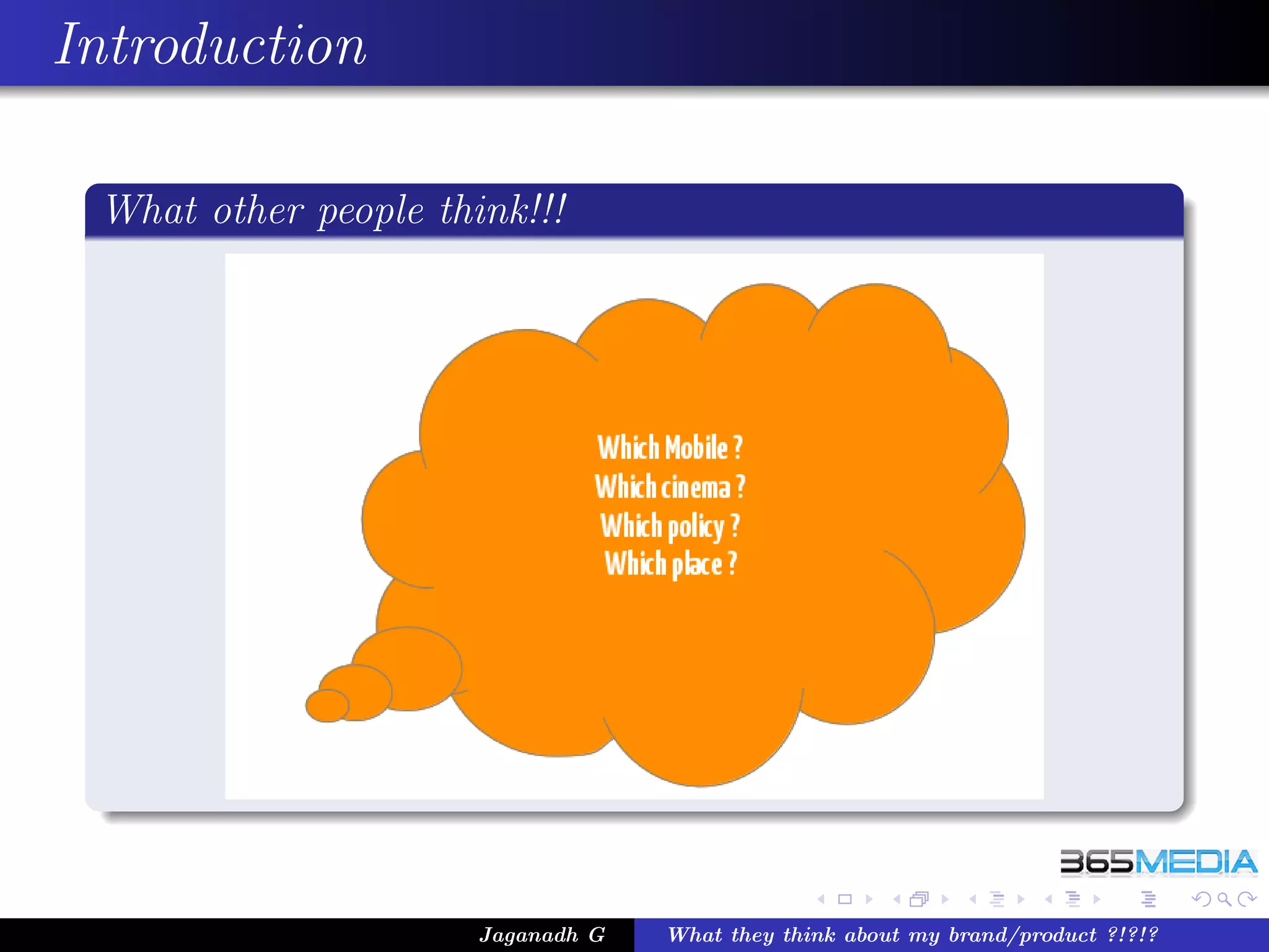 Introduction

 What other people think!!!




                      Jaganadh G   What they think about my brand/product ?!?!?
 