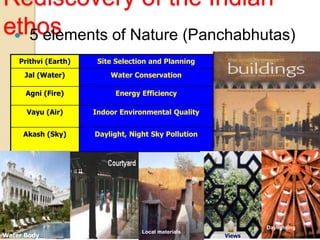Rediscovery of the Indian
ethos
 5 elements of Nature (Panchabhutas)
Prithvi (Earth) Site Selection and Planning
Jal (Water) Water Conservation
Agni (Fire) Energy Efficiency
Vayu (Air) Indoor Environmental Quality
Akash (Sky) Daylight, Night Sky Pollution
Daylighting
Views
Water Body
Local materials
 