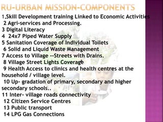•
el
1 Skill Development training Linked to Economic Activities
2 Agri-services and Processing.
3 Digital Literacy
4 24x7 Piped Water Supply
5 Sanitation Coverage of Individual Toilets
6 Solid and Liquid Waste Management
7 Access to Village --Streets with Drains.
8 Village Street Lights Coverage
9 Health Access to clinics and health centres at the
household / village level.
10 Up- gradation of primary, secondary and higher
secondary schools..
11 Inter- village roads connectivity
12 Citizen Service Centres
13 Public transport
14 LPG Gas Connections
 