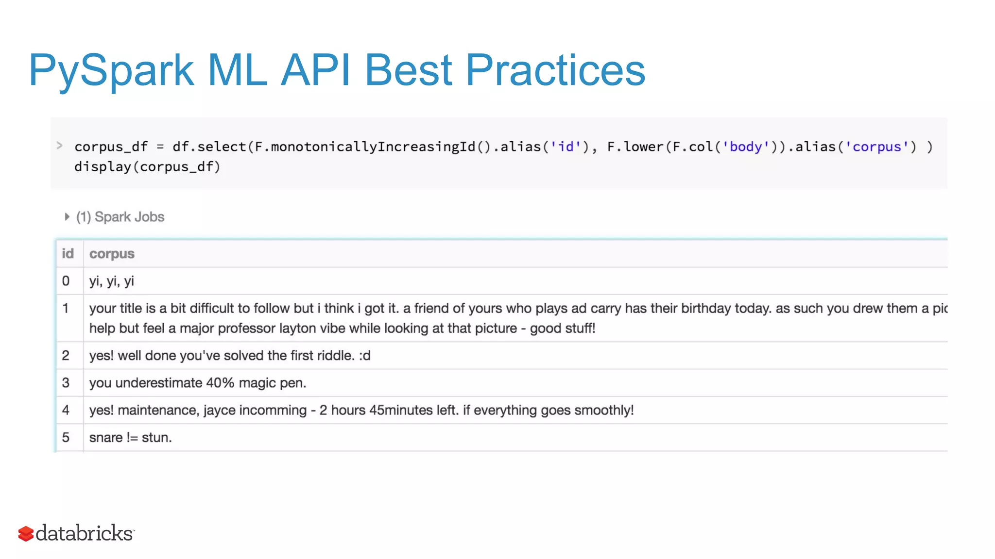 PySpark ML API Best Practices 