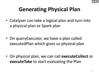 Generating Physical Plan
• Catalyser can take a logical plan and turn into
a physical plan or Spark plan
• On queryExecutor, we have a plan called
executedPlan which gives us physical plan
• On physical plan, we can call executeCollect or
executeTake to start evaluating the Plan
43
 