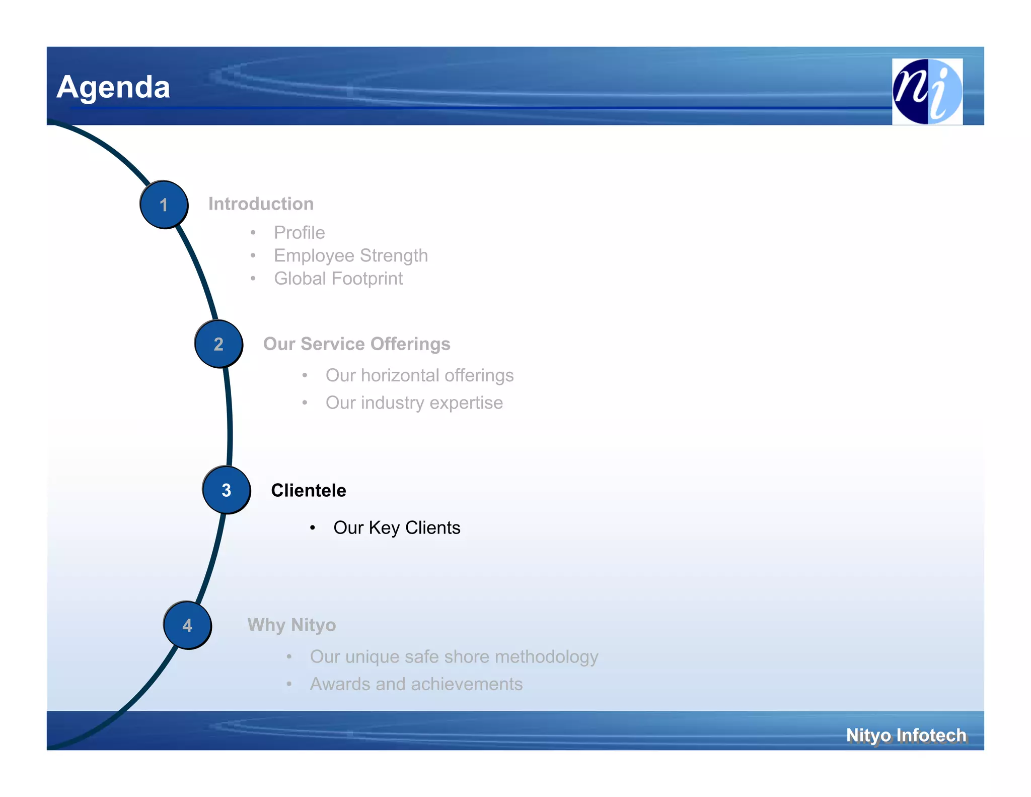 Agenda


     1       Introduction
                  • Profile
                  • Employee Strength
                  • Global Footprint


             2     Our Service Offerings
                       • Our horizontal offerings
                       • Our industry expertise



              3     Clientele

                        • Our Key Clients




         4        Why Nityo
                     • Our unique safe shore methodology
                     • Awards and achievements

                                                           Nityo Infotech
                                                           Nityo Infotech
 