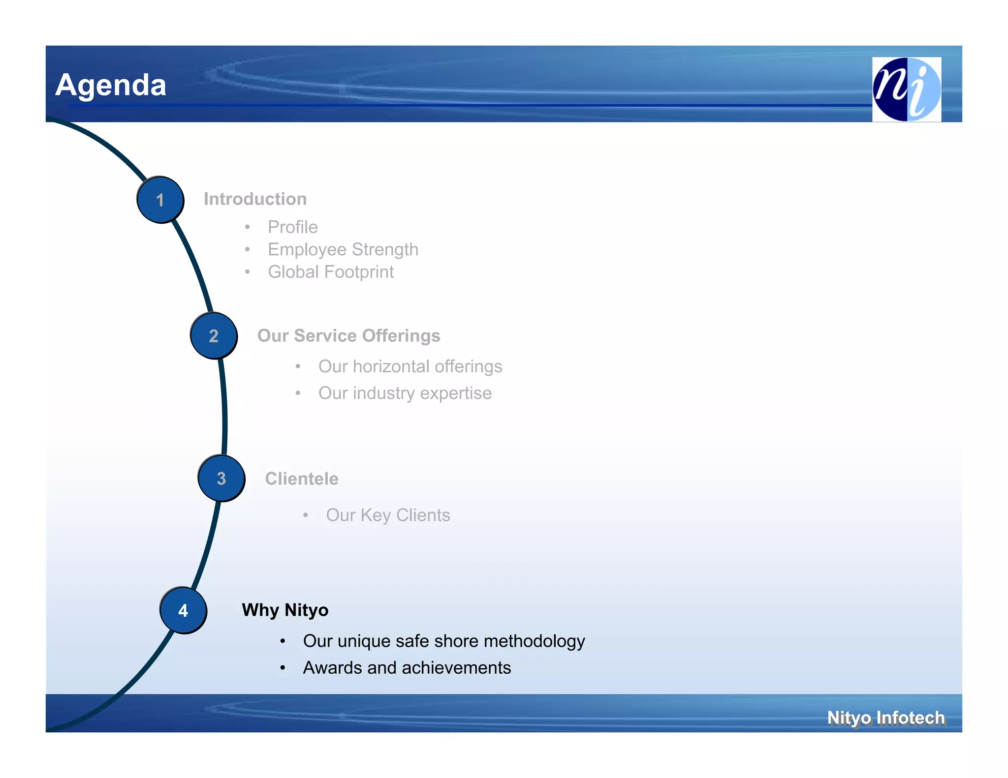Agenda


     1       Introduction
                  • Profile
                  • Employee Strength
                  • Global Footprint


             2     Our Service Offerings
                       • Our horizontal offerings
                       • Our industry expertise



              3     Clientele

                        • Our Key Clients




         4        Why Nityo
                     • Our unique safe shore methodology
                     • Awards and achievements

                                                           Nityo Infotech
                                                           Nityo Infotech
 