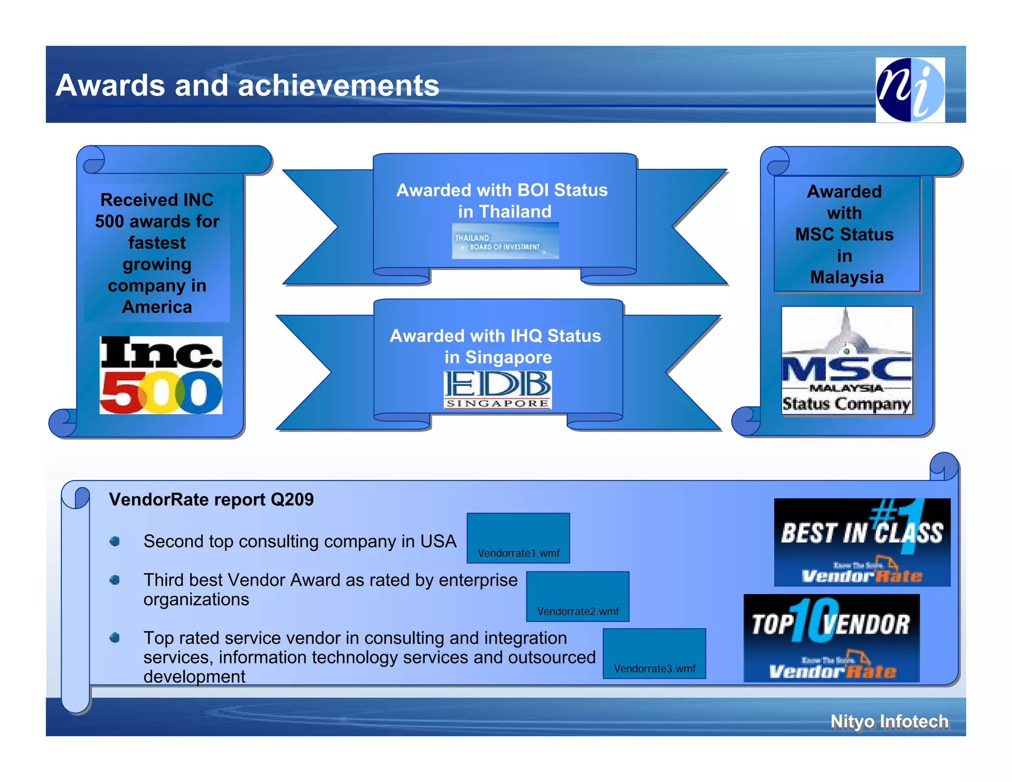 Awards and achievements


                                      Awarded with BOI Status
                                      Awarded with BOI Status                              Awarded
                                                                                           Awarded
   Received INC
                                            in Thailand
                                             in Thailand                                     with
                                                                                             with
  500 awards for
      fastest                                                                             MSC Status
                                                                                          MSC Status
     growing                                                                                  in
                                                                                               in
    company in                                                                             Malaysia
                                                                                           Malaysia
     America
                                     Awarded with IHQ Status
                                     Awarded with IHQ Status
                                          in Singapore
                                           in Singapore




   VendorRate report Q209

       Second top consulting company in USA
                                                Vendorrate1.wmf

       Third best Vendor Award as rated by enterprise
       organizations
                                                          Vendorrate2.wmf

       Top rated service vendor in consulting and integration
       services, information technology services and outsourced
                                                                        Vendorrate3.wmf
       development

                                                                                             Nityo Infotech
                                                                                             Nityo Infotech
 