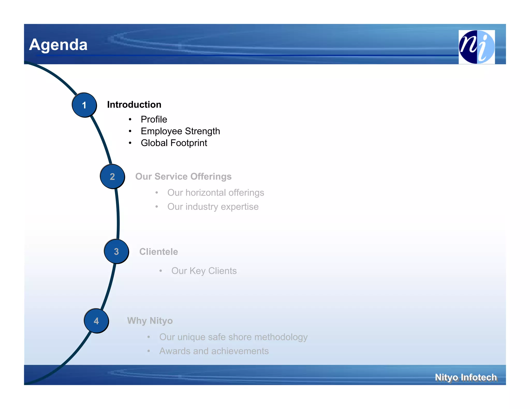 Agenda


     1       Introduction
                  • Profile
                  • Employee Strength
                  • Global Footprint


             2     Our Service Offerings
                       • Our horizontal offerings
                       • Our industry expertise



              3     Clientele

                        • Our Key Clients




         4        Why Nityo
                     • Our unique safe shore methodology
                     • Awards and achievements

                                                           Nityo Infotech
                                                           Nityo Infotech
 