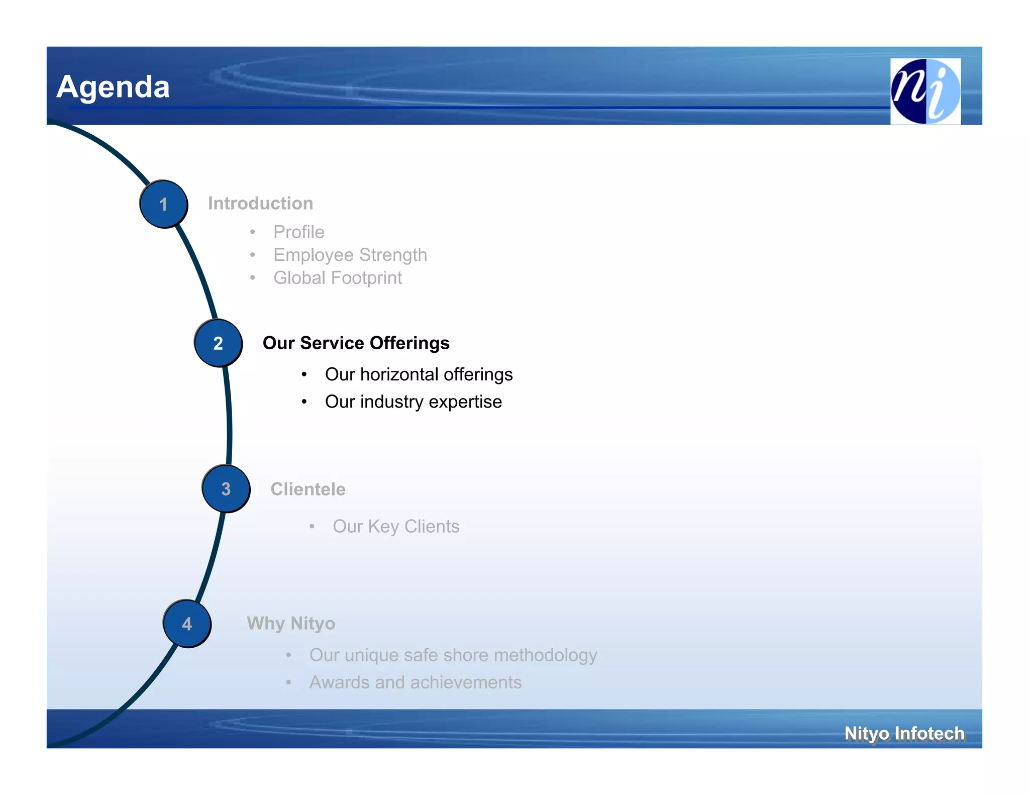 Agenda


     1       Introduction
                  • Profile
                  • Employee Strength
                  • Global Footprint


             2     Our Service Offerings
                       • Our horizontal offerings
                       • Our industry expertise



              3     Clientele

                        • Our Key Clients




         4        Why Nityo
                     • Our unique safe shore methodology
                     • Awards and achievements

                                                           Nityo Infotech
                                                           Nityo Infotech
 