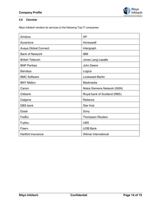 Company Profile

5.0   Clientele

Nityo Infotech renders its services to the following Top IT companies:


 Amdocs                                                HP
 Accenture                                             Honeywell
 Avaya Global Connect                                  Intergraph
 Bank of Newyork                                       IBM
 British Telecom                                       Jones Lang Lasalle
 BNP Paribas                                           John Deere
 Barclays                                              Logica
 BMC Software                                          Lockweed Martin
 BNY Mellon                                            Medimedia
 Canon                                                 Nokia Siemens Network (NSN)
 Citibank                                              Royal bank of Scotland (RBS)
 Celgene                                               Reliance
 DBS bank                                              Star Hub
 Essar                                                 Sony
 FedEx                                                 Thompson Reuters
 Fujitsu                                               UBS
 Fiserv                                                UOB Bank
 Hartfort Insurance                                    Wilmar International




Nityo Infotech                              Confidential                              Page 14 of 15
 