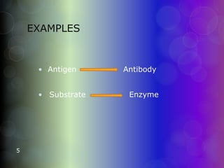 EXAMPLES
• Antigen Antibody
• Substrate Enzyme
5
 