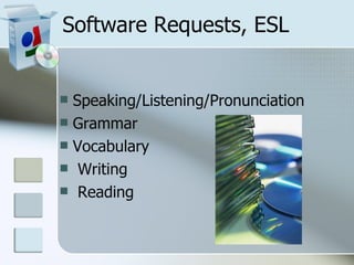 Software Requests, ESL Speaking/Listening/Pronunciation Grammar Vocabulary Writing Reading 