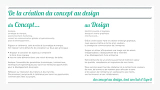 De la création du concept au design
du concept au design, tout un état d’Esprit
du Concept... au Design
Analyse,
stratégie de marque,
positionnement marketing,
conseil en communication globale et opérationnelle,
plan de développement...
Rigueur et cohérence, clefs de voûte de la stratégie de marque,
font reposer notre démarche de conception sur deux axes principaux :
• Analyser et concevoir les signes qui composent
la force d’une marque.
• Inscrire cette démarche dans une notion de temps, de durée.
Analyser l’ensemble des paramètres économiques, commerciaux,
techniques et ergonomiques pour saisir les meilleures opportunités
pour le développement des projets.
Réflexion sur l’évolution des métiers et des marchés.
Discernement, perspicacité et cohérence pour saisir les opportunités
commerciales liées aux projets.
Identité visuelle et logotype,
design et charte graphique,
interface web...
Grâce à notre savoir-faire en création et design graphique,
nous saurons mettre en forme et en couleurs
la stratégie de communication de l’entreprise.
Soigner et utiliser efficacement une image sont les atouts
indispensables à l’élargissement de la notoriété
et au développement d’une entreprise.
Notre démarche est un prisme qui permet de mettre en valeur
les qualités, compétences et inspirations de nos clients.
Nous sommes avant tout des révélateurs à la recherche de couleurs,
de mots, de formes ou de matières pour véhiculer le sens
et les valeurs de l’entreprise en s’adressant à ses clients,
ses fournisseurs et ses collaborateurs.
 