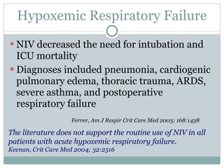 Hypoxemic Respiratory Failure NIV decreased the need for intubation and ICU mortality  Diagnoses included pneumonia, cardiogenic pulmonary edema, thoracic trauma, ARDS, severe asthma, and postoperative respiratory failure Ferrer, Am J Respir Crit Care Med 2003; 168:1438 The literature does not support the routine use of NIV in all patients with acute hypoxemic respiratory failure.  Keenan, Crit Care Med 2004; 32:2516   