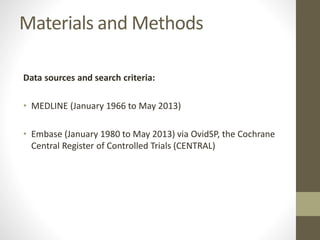 Materials and Methods
Data sources and search criteria:
• MEDLINE (January 1966 to May 2013)
• Embase (January 1980 to May 2013) via OvidSP, the Cochrane
Central Register of Controlled Trials (CENTRAL)
 