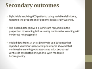 Secondary outcomes
• Eight trials involving 605 patients, using variable definitions,
reported the proportion of patients successfully weaned.
• The pooled data showed a significant reduction in the
proportion of weaning failures using noninvasive weaning with
moderate heterogeneity
• Pooled data from 14 trials (involving 953 patients) that
reported ventilator-associated pneumonia showed that
noninvasive weaning was associated with decreased
ventilator-associated pneumonia with moderate
heterogeneity.
 