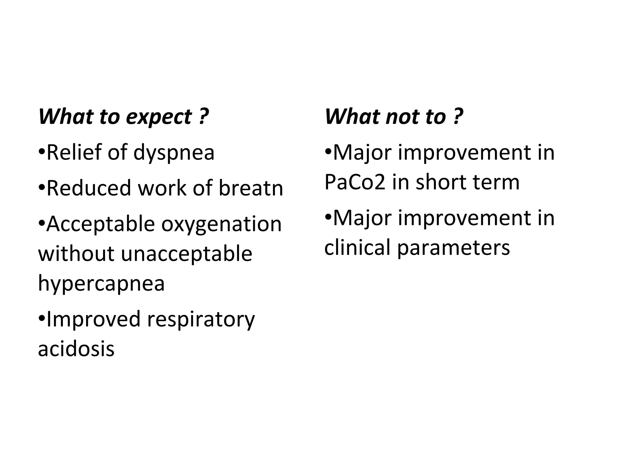 What to expect ?
•Relief of dyspnea
•Reduced work of breatn
•Acceptable oxygenation
without unacceptable
hypercapnea
•Improved respiratory
acidosis
What not to ?
•Major improvement in
PaCo2 in short term
•Major improvement in
clinical parameters
 