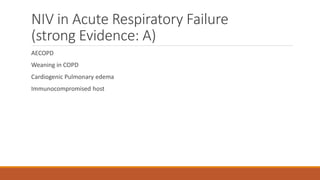 NIV in Acute Respiratory Failure
(strong Evidence: A)
AECOPD
Weaning in COPD
Cardiogenic Pulmonary edema
Immunocompromised host
 