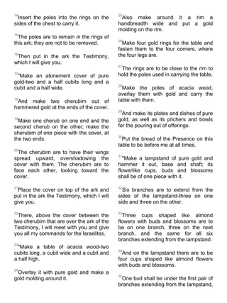 14                                           25
  Insert the poles into the rings on the      Also make around it a rim a
sides of the chest to carry it.              handbreadth wide and put a gold
                                             molding on the rim.
15
  The poles are to remain in the rings of
                                             26
this ark; they are not to be removed.          Make four gold rings for the table and
                                             fasten them to the four corners, where
16
 Then put in the ark the Testimony,          the four legs are.
which I will give you.
                                             27
                                              The rings are to be close to the rim to
17
 "Make an atonement cover of pure            hold the poles used in carrying the table.
gold-two and a half cubits long and a
                                             28
cubit and a half wide.                         Make the poles of acacia wood,
                                             overlay them with gold and carry the
18
 And make two cherubim out of                table with them.
hammered gold at the ends of the cover.
                                             29
                                               And make its plates and dishes of pure
19
  Make one cherub on one end and the         gold, as well as its pitchers and bowls
second cherub on the other; make the         for the pouring out of offerings.
cherubim of one piece with the cover, at
                                             30
the two ends.                                  Put the bread of the Presence on this
                                             table to be before me at all times.
20
  The cherubim are to have their wings
                                             31
spread upward, overshadowing the               "Make a lampstand of pure gold and
cover with them. The cherubim are to         hammer it out, base and shaft; its
face each other, looking toward the          flowerlike cups, buds and blossoms
cover.                                       shall be of one piece with it.

21                                           32
  Place the cover on top of the ark and        Six branches are to extend from the
put in the ark the Testimony, which I will   sides of the lampstand-three on one
give you.                                    side and three on the other.

22                                           33
  There, above the cover between the           Three cups shaped like almond
two cherubim that are over the ark of the    flowers with buds and blossoms are to
Testimony, I will meet with you and give     be on one branch, three on the next
you all my commands for the Israelites.      branch, and the same for all six
                                             branches extending from the lampstand.
23
  "Make a table of acacia wood-two
                                             34
cubits long, a cubit wide and a cubit and      And on the lampstand there are to be
a half high.                                 four cups shaped like almond flowers
                                             with buds and blossoms.
24
 Overlay it with pure gold and make a
                                             35
gold molding around it.                       One bud shall be under the first pair of
                                             branches extending from the lampstand,
 