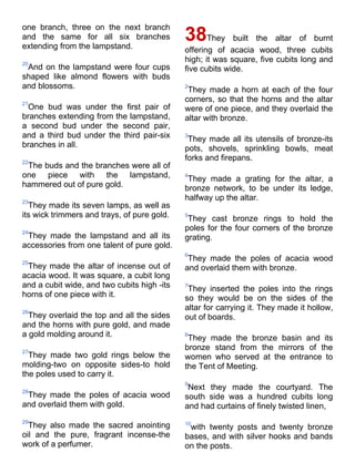 one branch, three on the next branch
and the same for all six branches
extending from the lampstand.
                                             38     They built the altar of burnt
                                             offering of acacia wood, three cubits
20
                                             high; it was square, five cubits long and
 And on the lampstand were four cups         five cubits wide.
shaped like almond flowers with buds
and blossoms.                                2
                                              They made a horn at each of the four
21
                                             corners, so that the horns and the altar
 One bud was under the first pair of         were of one piece, and they overlaid the
branches extending from the lampstand,       altar with bronze.
a second bud under the second pair,
and a third bud under the third pair-six     3
                                              They made all its utensils of bronze-its
branches in all.                             pots, shovels, sprinkling bowls, meat
22
                                             forks and firepans.
 The buds and the branches were all of
one piece with the lampstand,                4
                                              They made a grating for the altar, a
hammered out of pure gold.                   bronze network, to be under its ledge,
23
                                             halfway up the altar.
  They made its seven lamps, as well as
its wick trimmers and trays, of pure gold.   5
                                              They cast bronze rings to hold the
24
                                             poles for the four corners of the bronze
 They made the lampstand and all its         grating.
accessories from one talent of pure gold.
                                             6
25
                                              They made the poles of acacia wood
 They made the altar of incense out of       and overlaid them with bronze.
acacia wood. It was square, a cubit long
and a cubit wide, and two cubits high -its   7
                                              They inserted the poles into the rings
horns of one piece with it.                  so they would be on the sides of the
26
                                             altar for carrying it. They made it hollow,
  They overlaid the top and all the sides    out of boards.
and the horns with pure gold, and made
a gold molding around it.                    8
                                              They made the bronze basin and its
27
                                             bronze stand from the mirrors of the
  They made two gold rings below the         women who served at the entrance to
molding-two on opposite sides-to hold        the Tent of Meeting.
the poles used to carry it.
                                             9
28
                                              Next they made the courtyard. The
 They made the poles of acacia wood          south side was a hundred cubits long
and overlaid them with gold.                 and had curtains of finely twisted linen,
29                                           10
  They also made the sacred anointing         with twenty posts and twenty bronze
oil and the pure, fragrant incense-the       bases, and with silver hooks and bands
work of a perfumer.                          on the posts.
 