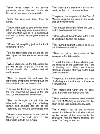 13                                           23
  Then dress Aaron in the sacred              and set out the bread on it before the
garments, anoint him and consecrate          Lord , as the Lord commanded him.
him so he may serve me as priest.
                                             24
                                               He placed the lampstand in the Tent of
14
  Bring his sons and dress them in           Meeting opposite the table on the south
tunics.                                      side of the tabernacle

15                                           25
  Anoint them just as you anointed their      and set up the lamps before the Lord ,
father, so they may serve me as priests.     as the Lord commanded him.
Their anointing will be to a priesthood
that will continue for all generations to    26
                                               Moses placed the gold altar in the Tent
come."                                       of Meeting in front of the curtain
16
 Moses did everything just as the Lord       27
                                               and burned fragrant incense on it, as
commanded him.                               the Lord commanded him.
17
   So the tabernacle was set up on the       28
                                              Then he put up the curtain at the
first day of the first month in the second   entrance to the tabernacle.
year.
                                             29
18
                                               He set the altar of burnt offering near
  When Moses set up the tabernacle, he       the entrance to the tabernacle, the Tent
put the bases in place, erected the          of Meeting, and offered on it burnt
frames, inserted the crossbars and set       offerings and grain offerings, as the Lord
up the posts.                                commanded him.
19
  Then he spread the tent over the           30
                                                He placed the basin between the Tent
tabernacle and put the covering over the     of Meeting and the altar and put water in
tent, as the Lord commanded him.             it for washing,
20
  He took the Testimony and placed it in     31
                                              and Moses and Aaron and his sons
the ark, attached the poles to the ark       used it to wash their hands and feet.
and put the atonement cover over it.
                                             32
21
                                               They washed whenever they entered
  Then he brought the ark into the           the Tent of Meeting or approached the
tabernacle and hung the shielding            altar, as the Lord commanded Moses.
curtain and shielded the ark of the
Testimony, as the Lord commanded him.        33
                                              Then Moses set up the courtyard
22
                                             around the tabernacle and altar and put
  Moses placed the table in the Tent of      up the curtain at the entrance to the
Meeting on the north side of the             courtyard. And so Moses finished the
tabernacle outside the curtain               work. The Glory of the Lord
 